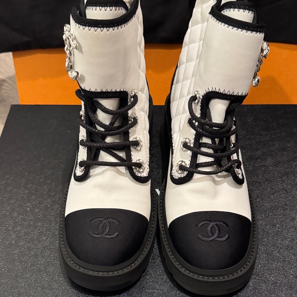 CHANEL Women's Black and White Quilted Combat Boots